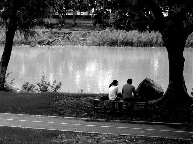 حبيبان يتبادلان الحديث على ضفاف نهر